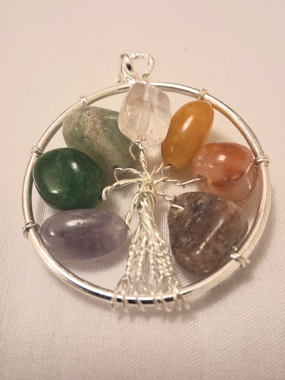 SILVER TONE TREE 0F LIFE 7 CHAKRAS WITH MULTICOLOUR GEMSTONES